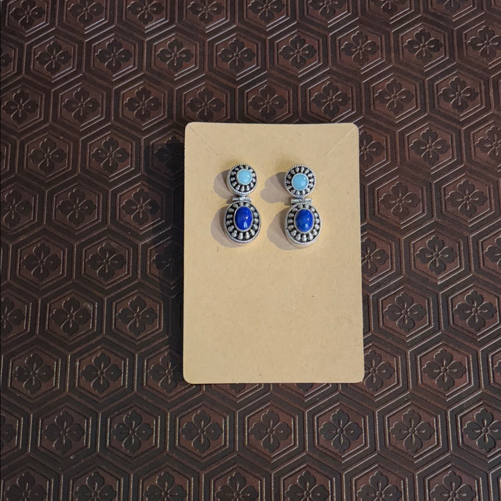 Sterling Silver 925 BA Indonesia Double Stone Earrings – Blue & Aqua Gem Design